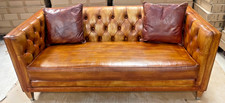 Tan Leather Chesterfield Sofa Deep Buttoned 2 Seater Vintage Style Brown Couch