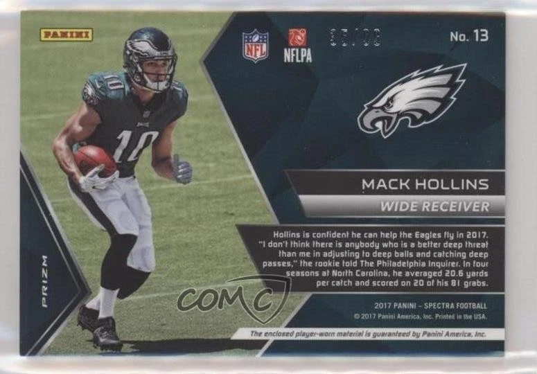 2017 Panini Spectra Immense Materials Neon Blue Prizm /99 Mack Hollins Rookie RC - Image 2 of 2