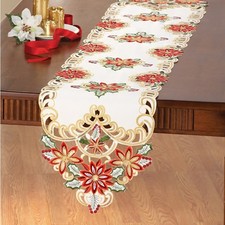 NEW HTF Cream Sequins Poinsettia Table Runner 36642 Red and Gold 69"x13" Winter