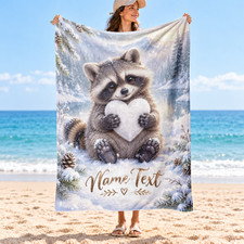 Personalized Snow Raccoon Heart Coral Fleece Blanket Winter Decor