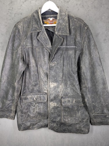 Gabardina de cuero Harley Davidson talla grande envejecida larga faltan botones