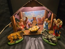 Vintage Italy paper mache’ 9 Piece Nativity Set Crèche With Wood Manger 5"