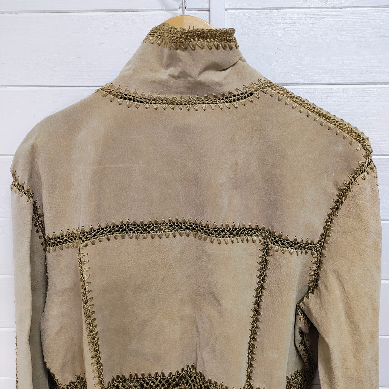 Vtg Static Suede Crochet Patchwork Jacket XL Tan … - image 8