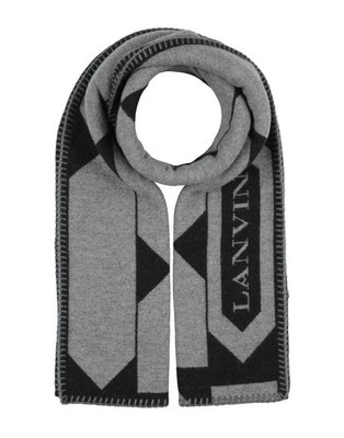 Lanvin Paris Wool Scarf Gray Black Geometric Logo Fringe NEW
