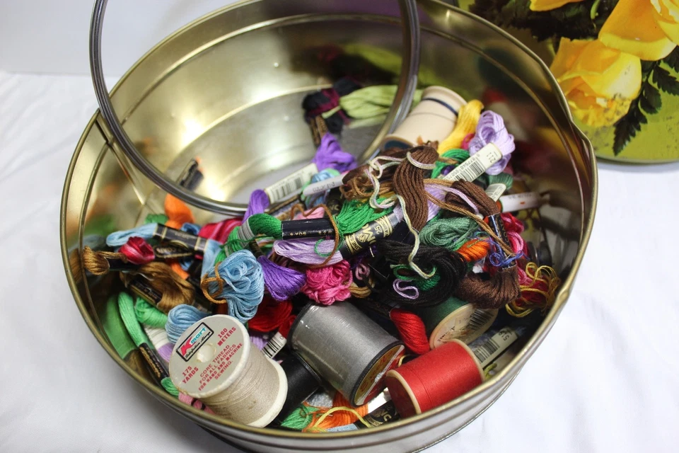 Vintage Embroidery 6 Strand Thread and Metal Floral Tin Lot of 33 + Misc - Image 2 of 2