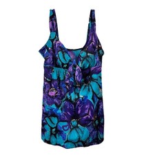 Vintage Robby Len One Piece Skirt Swimsuit Floral Print Blue Purple Gold Size 12