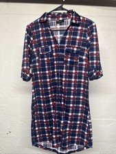 Love J Women’s Medium Mid Sleeve Button Up Shirt Dress Red/White/Blue