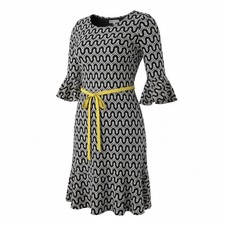 ROBBIE BEE Sz L A-Line Dress Black White Geometric Print Stretch Textured Flirty