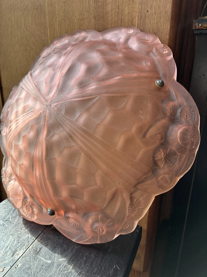 Lustre Vasque Signée DÉGUÉ n°594 (David GUERON)– Pâte de Verre Rose – Ø 40cm - Photo 1/4