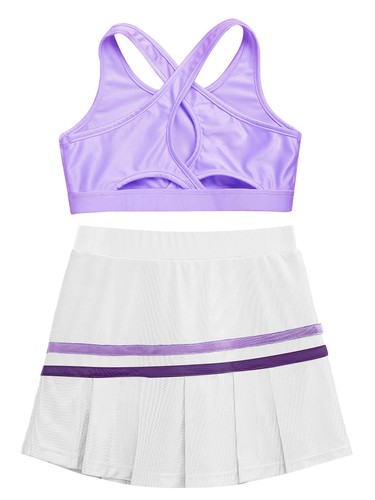 Kids Girls Crop Top With Skirt Cross Back Activewear Summer Sportswear Set Mini - Picture 48 of 83