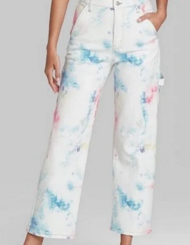 Wild Fable Highest Rise Utility white jeans paint splatter tie-dye M pink blue