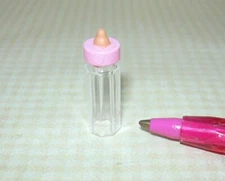 Miniature 1:6 BARBIE Clear Plastic Baby Bottle w/PINK Cap (1" Tall): DOLLHOUSE