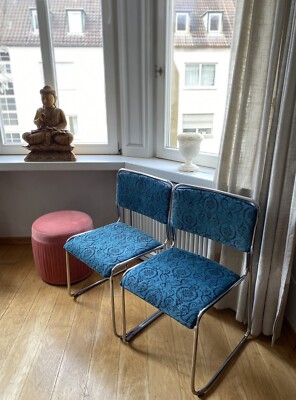 2x Upcycling Stühle 1970er Jahre Stahlrohrgestell Stuhl mit Polster stapelbar 1a