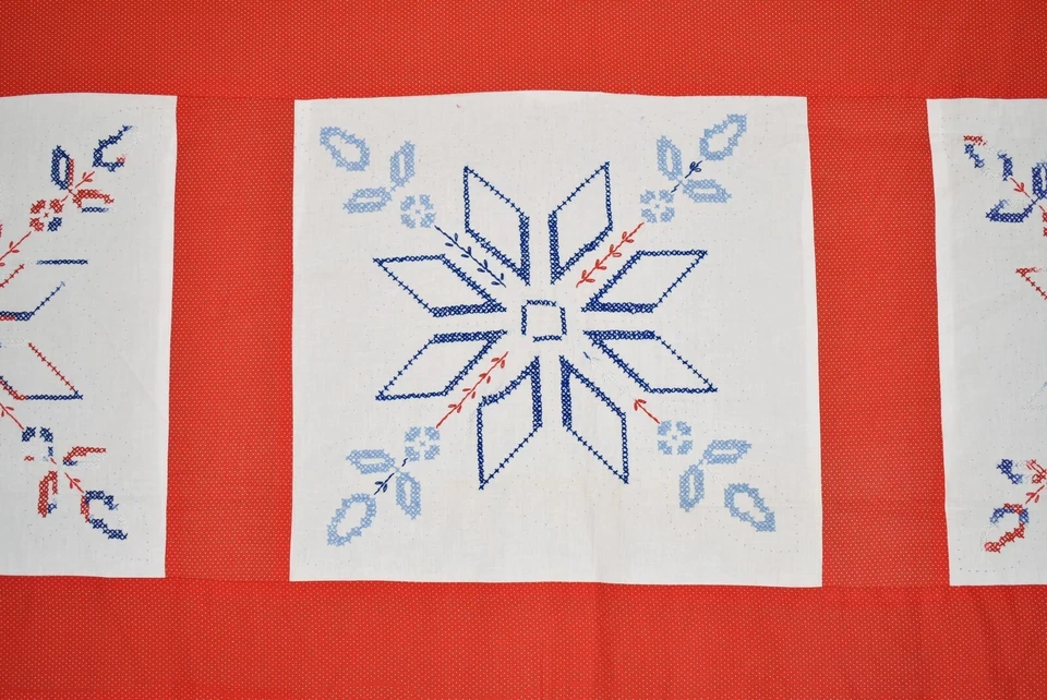 Large Vintage 40's Red, White & Blue Stars & Flowers Antique Quilt Top! - Image 3 of 4