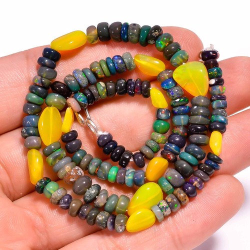 Collar de cuentas lisas de piedras preciosas de ópalo etíope negro y amarillo... - Imagen 2 de 3