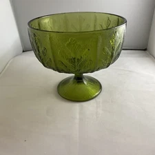 Green Glass Compote FTD Vase/Candy Dish Oak Leaf Design. Vintage 1975