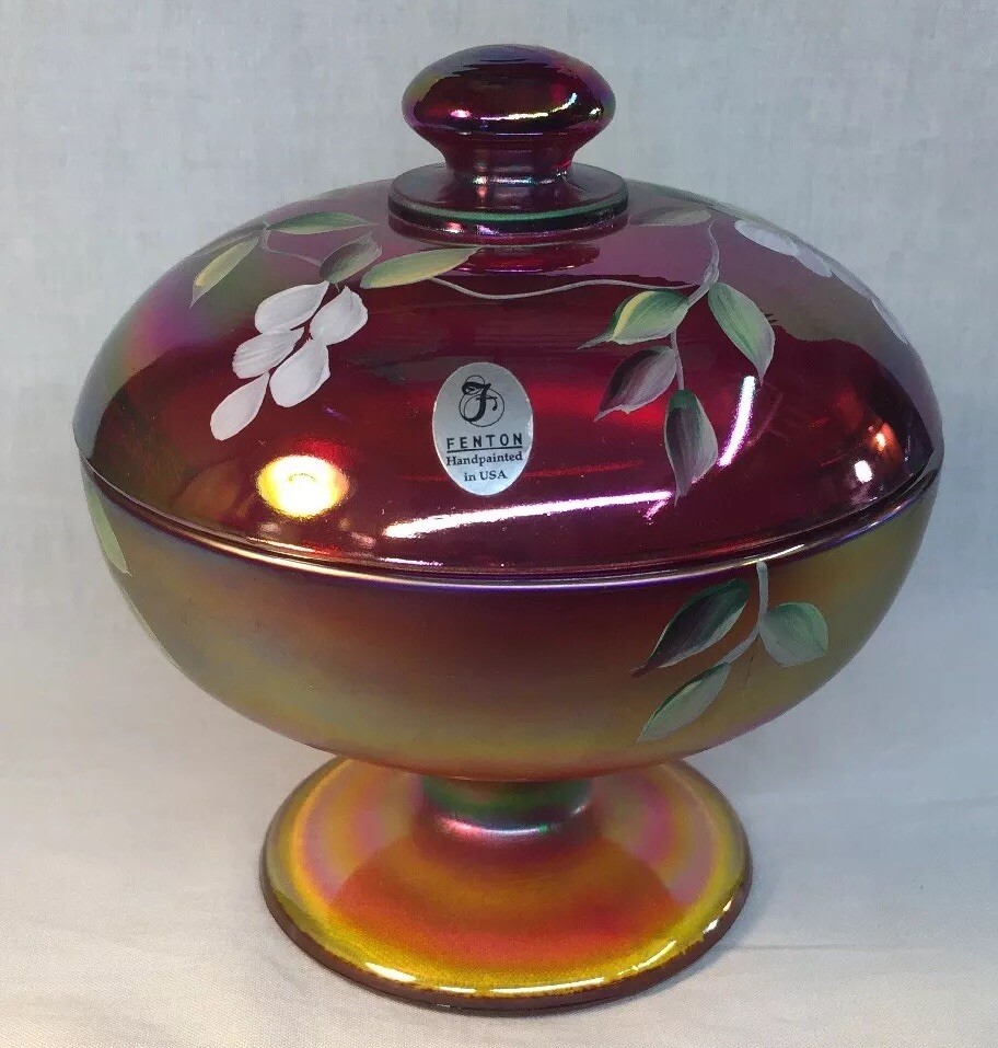 Fenton Art Glass Hand Painted “ Trailing Wisteria “ On Ruby