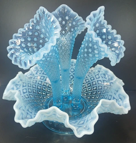 Vintage Fenton Glass 1948 BO Blue Opalescent 'Diamond Lace 4 Piece Epergne