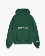 NEW Seek Jesus Made by Heaven Green French Terry Unisex Hoodie Sweatshirt Large