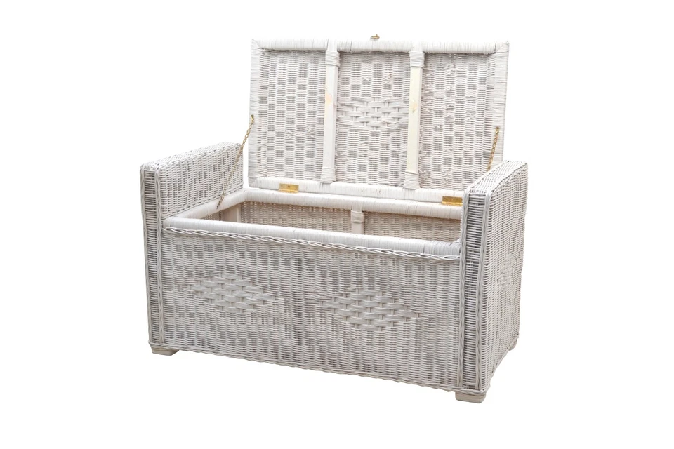 Sitztruhe Rattan Sitzbox mit Sitzkissen massivholz weiss weiß Truhe Schlafzimmer - Bild 4 von 4