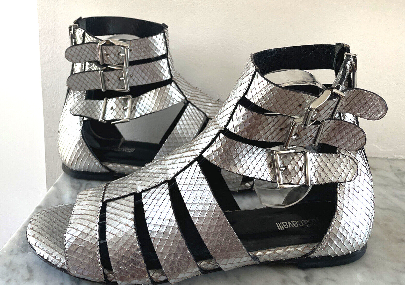 Just Cavalli Python Silver Flat Gladiator Sandal … - image 9