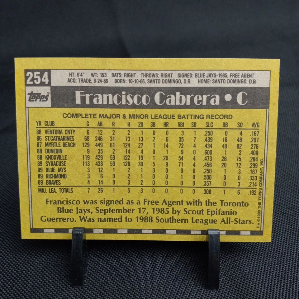 1990 Topps #254 Francisco Cabrera MLB Baseball Rookie Card Braves (1A167) - Image 2 of 3