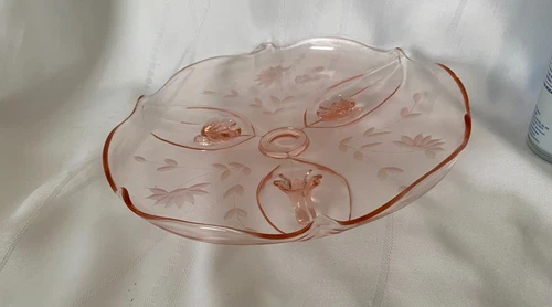 Vintage Jubilee Pink Depression Glass Cake Plate, Footed With Flowers