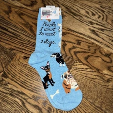 NEW Blue Q Socks PEOPLE I WANT TO MEET: DOGS Blue Crew Cotton Blend sz 5-10 nwt