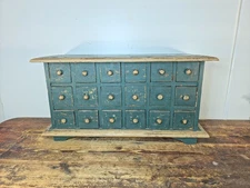 Primitive Teal 18-Drawer Wooden Apothecary Chest — Rustic Farmhouse Decor