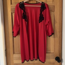 Vintage Night Gown Robe Red Black Silky Lace Lingerie Size Medium Large USA Made