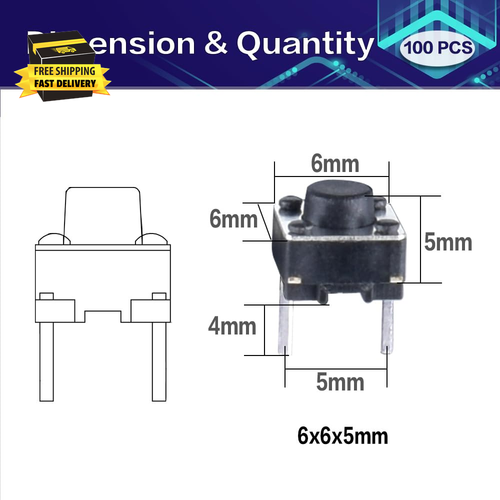 100 Pcs Tact Push Button Switch 2 Pin 6X6X5 Mm Micro Momentary Tactile Switch ⭐️ - Picture 2 of 5