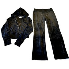 Juicy Couture Black Velour Tracksuit Libra Rhinestone Hoodie Pants Set M