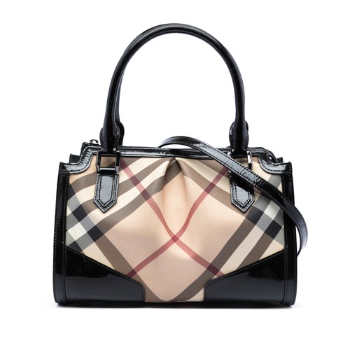 Burberry Patent Trimmed Supernova Check Coated Canvas Madison Satchel Black
