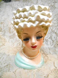 #8 Vintage Lady Head Vase Stacked Hat Necklace Earrings Japan Sticker NICE 6"