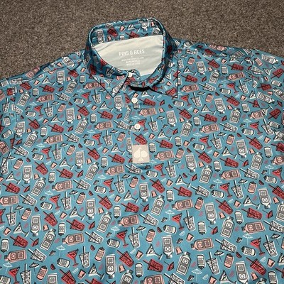 Pins and Aces Polo Shirt Mens XL Cocktail All Over Print Colorful Golf AOP