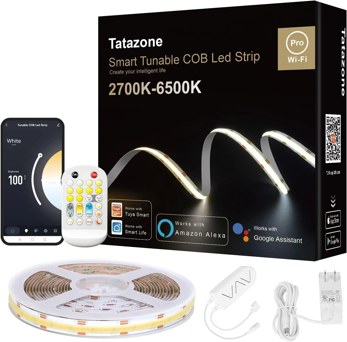 16.4Ft Tunable White Smart COB Led Strip Light Kit, CCT 2700K-6500K Bright COB L