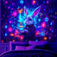 Blacklight Tapestry,Rabbit Tapestry Glow In The Dark,UV Reactive Black Light Upr