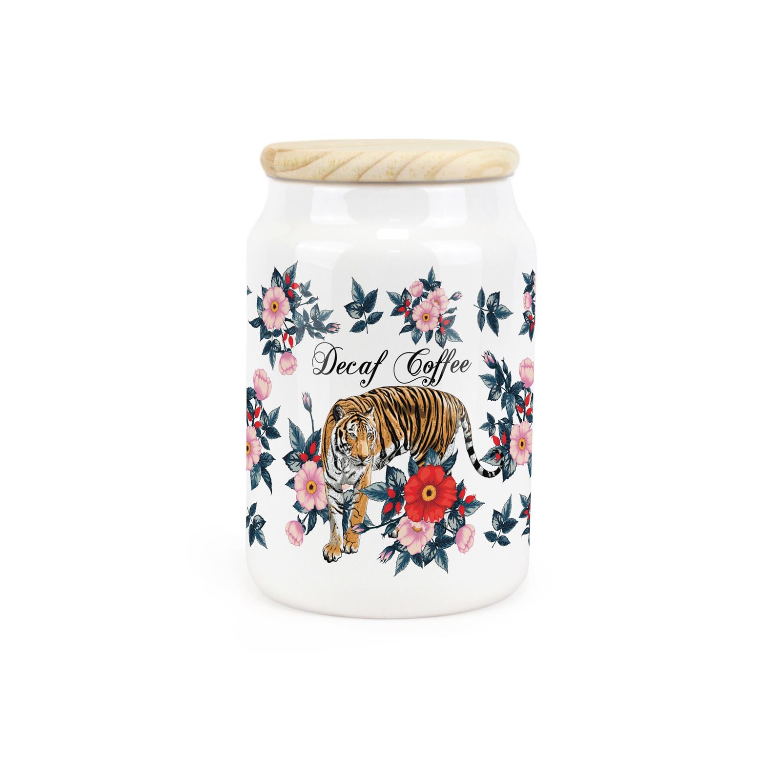 Ceramic Tapered Floral Tiger Canister - Decaf Coffee Storage Container Gift