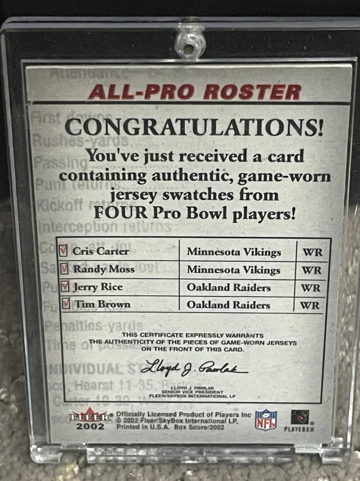 Cris Carter/RANDY MOSS/J RICE/Brown 2002 Fleer Box Score All Pro Quad GU 球衣 — 第 3/4 张图片