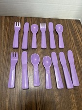 Little Tikes Pretend Play Purple Fork Knife Spoon Flower Logo 13 Pc Lot- Vintage