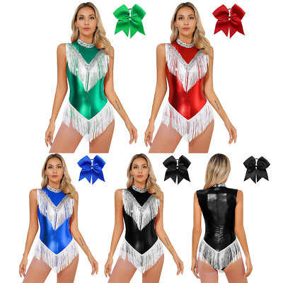 Womens Bodysuit With Bowknot Headwear Leotard Fringed Dress Samba Performance