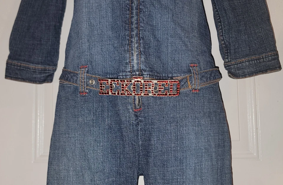 Винтажный Y2k Ecko красный Sz L женщин синий с заклепками с надписью ремень широкие ноги джинсовой ткани комбинезон - Изображение 3 из 4