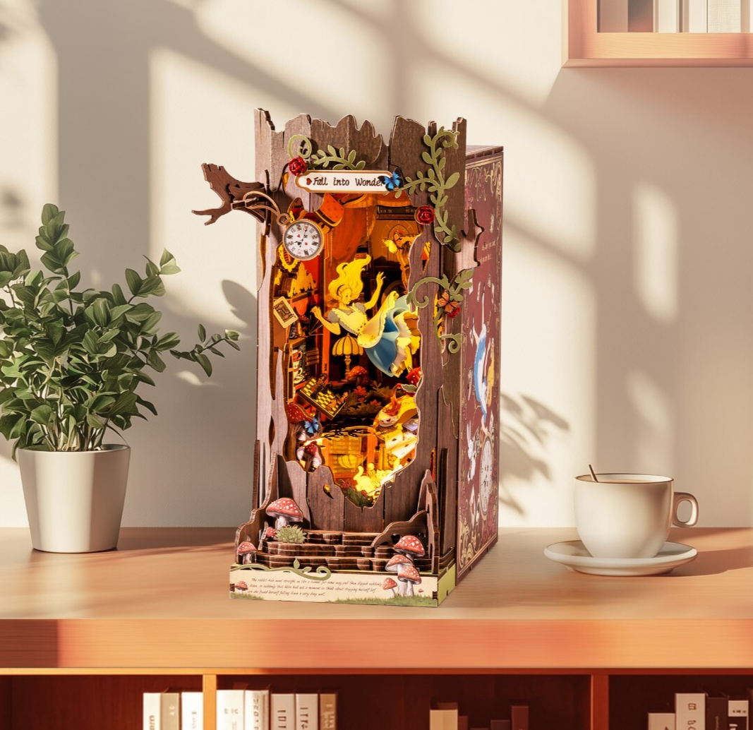Rolife 3D DIY Book Nook Kit with LED Lights – Fall Into Wonder Dollhouse Bookshelf Decor