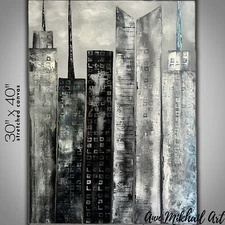 Oil Painting Abstract Cityscape Modern Grey Skyline Large Gallery 30 by 40 AMA