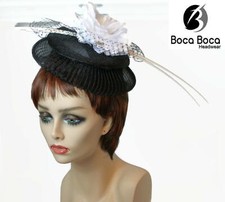 Something Special Sinamay Pill Box Fascinator With Mesh Netting  Quill  Flower