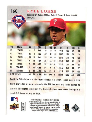 2008 Upper Deck #193 Kyle Lohse Philadelphia Phillies - Picture 2 of 2