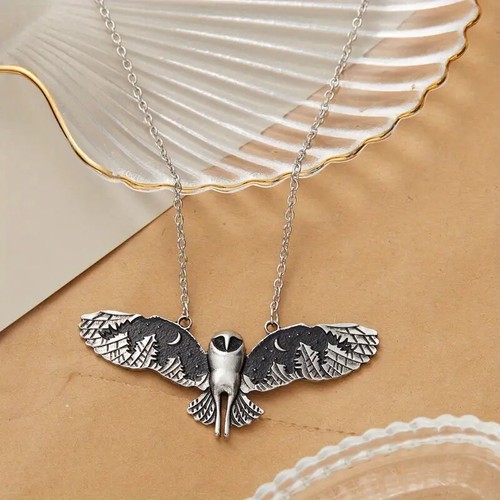Collier argent hibou lune forêt rétro forêt hibou collier phase de lune art bijoux - Photo 1/10