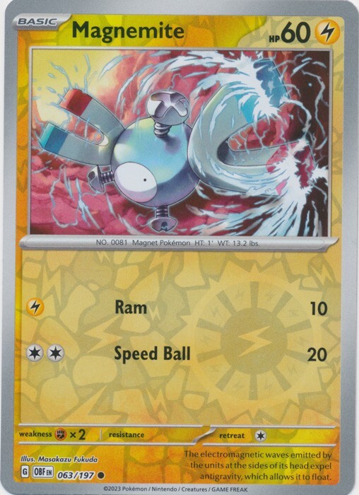 Reverse Holo Magnemite 063/197 Common  Obsidian Flames Pokemon TCG