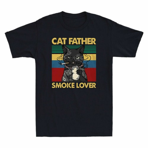 Beer Funny Vintage Short Sleeve T Black Cat Cat Lover Smoke Shirt Men's Father - Picture 4 of 7