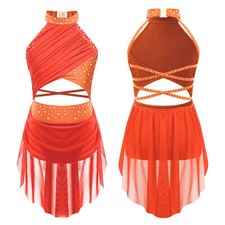 Girls Lyrical Dance Costume Sparkle Rhinestone Jazz Modern Dress High-Low Skirt